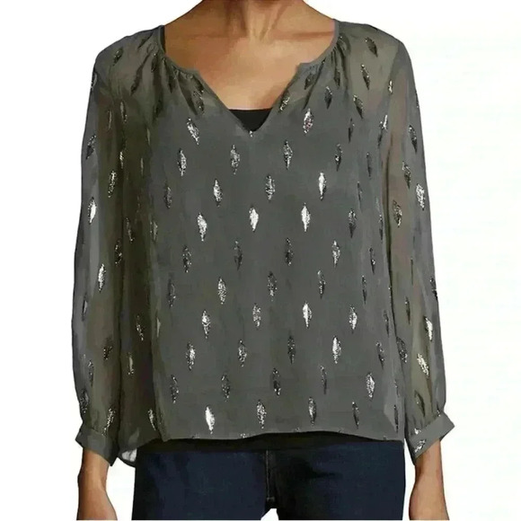 Joie Tops - Joie - Silk Mauro Metallic Top Grey Silver Women’s Size Small Semi-sheer Blouse